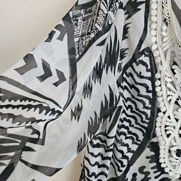 Boho Gawzy Beachy Crochet Vneck black white Flowy Sleeve Sheer Tunic Top L - Picture 6 of 9